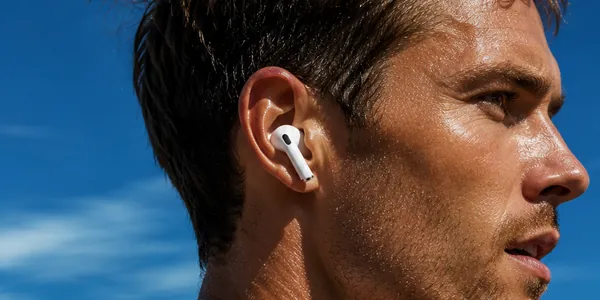Runner wearing AirPods under a blue sky