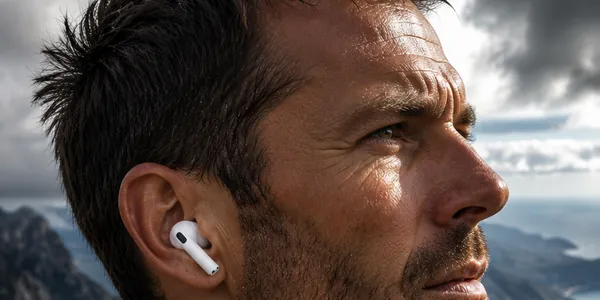Hiker wearing AirPods on a mountain